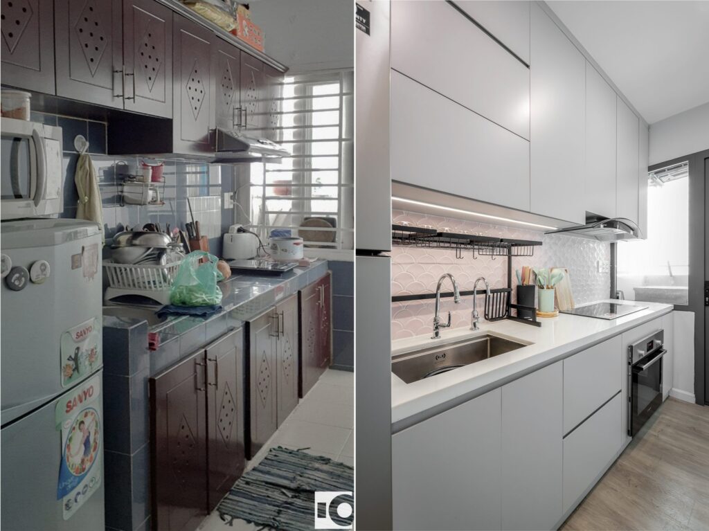 Hệ tủ bếp giúp tối đa hóa không gian lưu trữ đồ dùng bếp, chất liệu sáng màu kết hợp thiết kế không tay nắm đem đến cảm giác ngăn nắp
