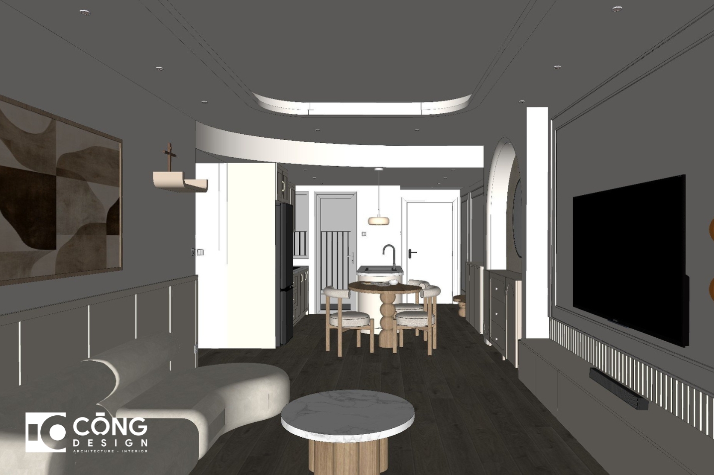 3D Ý tưởng (Concept) không gian phòng khách phong cách thiết kế nội thất Parisian kết hợp Hiện đại