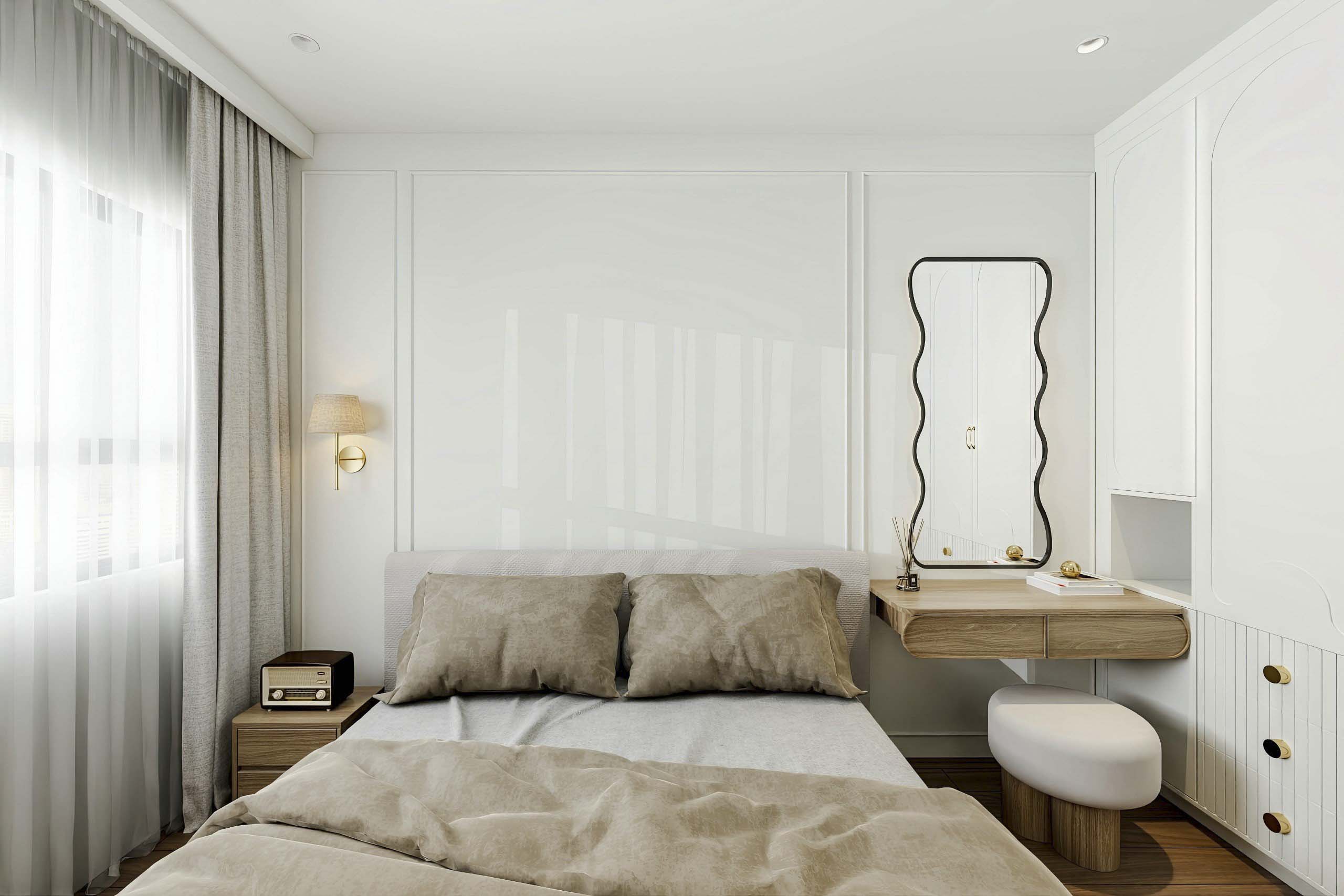 Phòng ngủ với đường nét cá tính của gương lượn sóng, nhẹ nhàng nữ tính