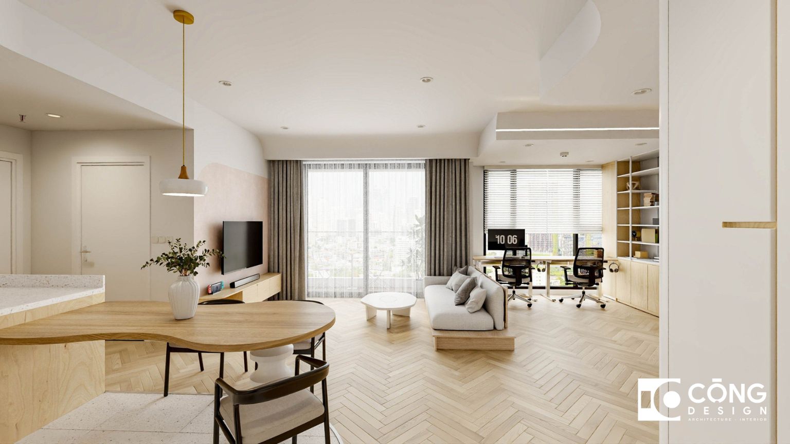 Thiết kế phòng khách phong cách Japandi không gian mở tại chung cư Lumiere Boulevard