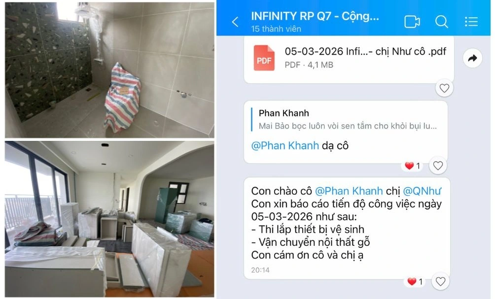 Công tác bọc bạt nilon bảo vệ sàn gỗ, cửa kính và tin nhắn Zalo báo cáo tiến độ thi công